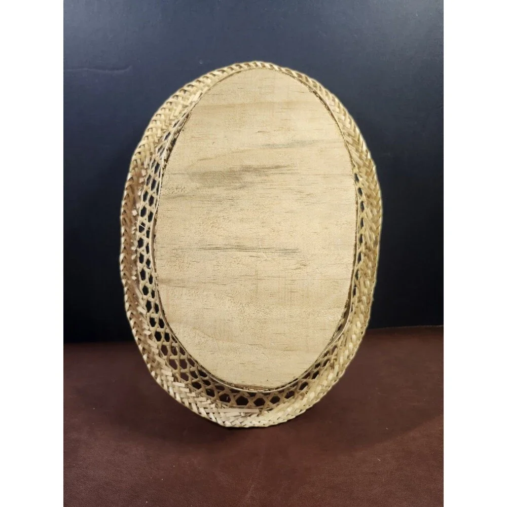 Chilean wicker basket featuring a wood-burned scene of a Mapuche woman from...